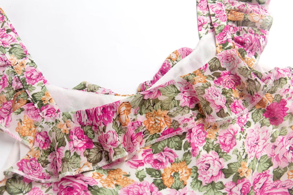Women's French Floral Design Ruffled Stitching Dress Summer Slim A Line Vacation Dress Cami Dress