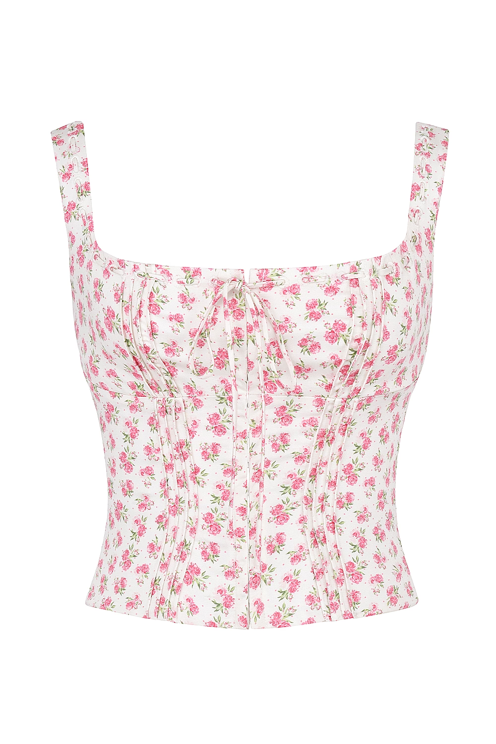 Women’s Pink Floral Pleated Lace Up Crop Top