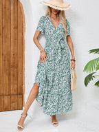 Printed V-Neck Tie-Front Maxi Dress