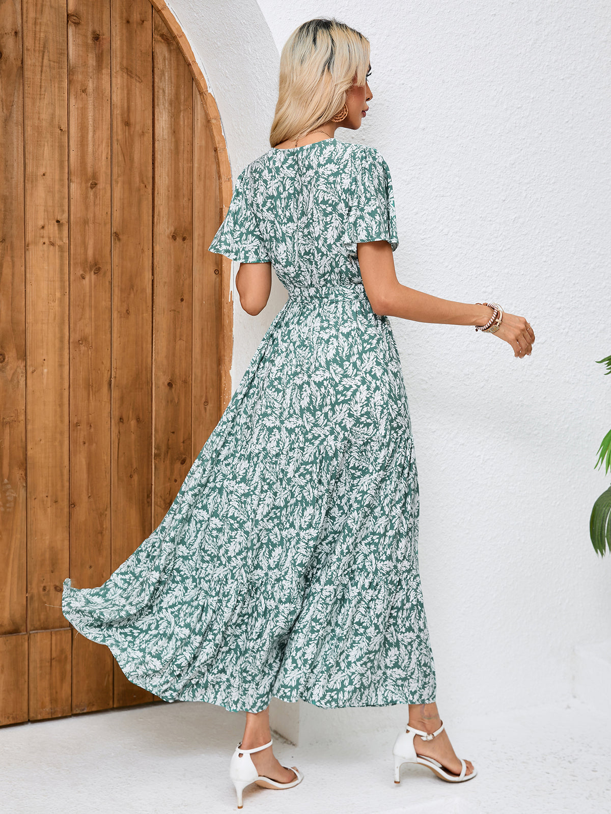 Printed V-Neck Tie-Front Maxi Dress