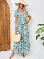 Printed V-Neck Tie-Front Maxi Dress