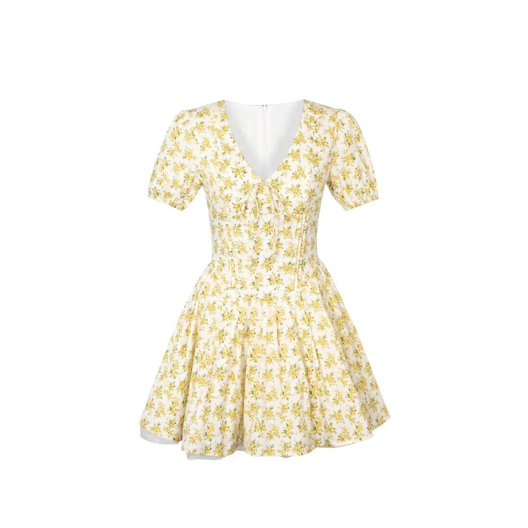 Women's V Neck Bow Lace Up Bubble Sleeve Floral Dress Summer Tight Waist Slim Pleated A Line Dress
