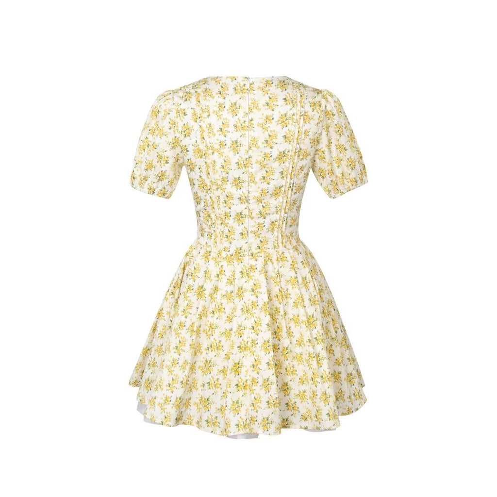Women's V Neck Bow Lace Up Bubble Sleeve Floral Dress Summer Tight Waist Slim Pleated A Line Dress