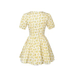 Women's V Neck Bow Lace Up Bubble Sleeve Floral Dress Summer Tight Waist Slim Pleated A Line Dress