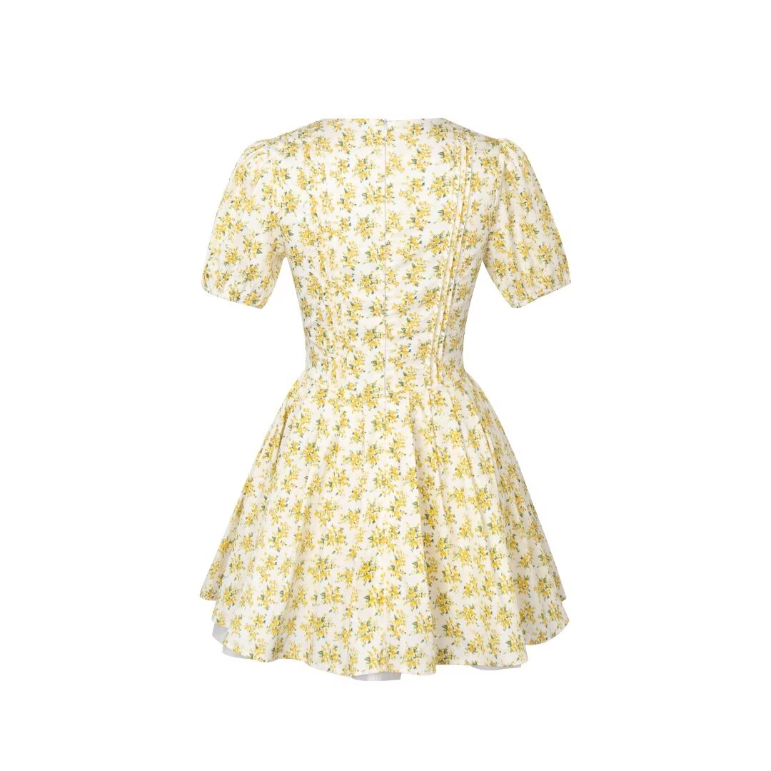 Women's V Neck Bow Lace Up Bubble Sleeve Floral Dress Summer Tight Waist Slim Pleated A Line Dress