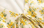 Women's V Neck Bow Lace Up Bubble Sleeve Floral Dress Summer Tight Waist Slim Pleated A Line Dress
