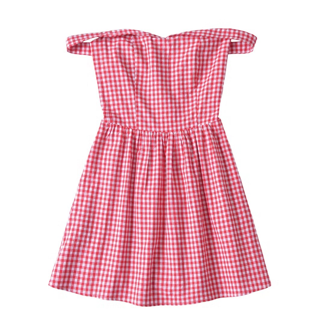 French Retro Plaid Off-Shoulder Square-Neck Short A-Line Dress