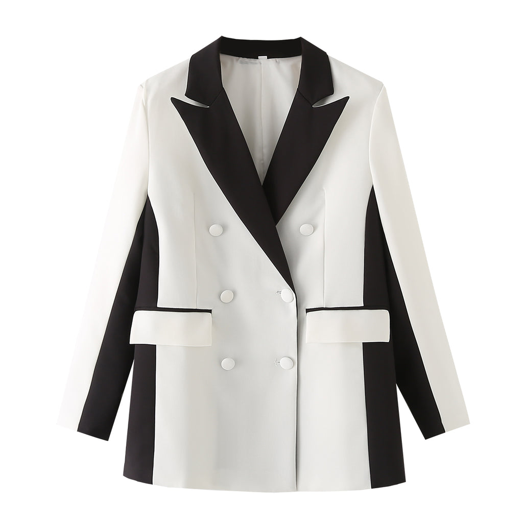 Women's Summer Contrast Color Double Breasted Pocket Blazer Wide Leg