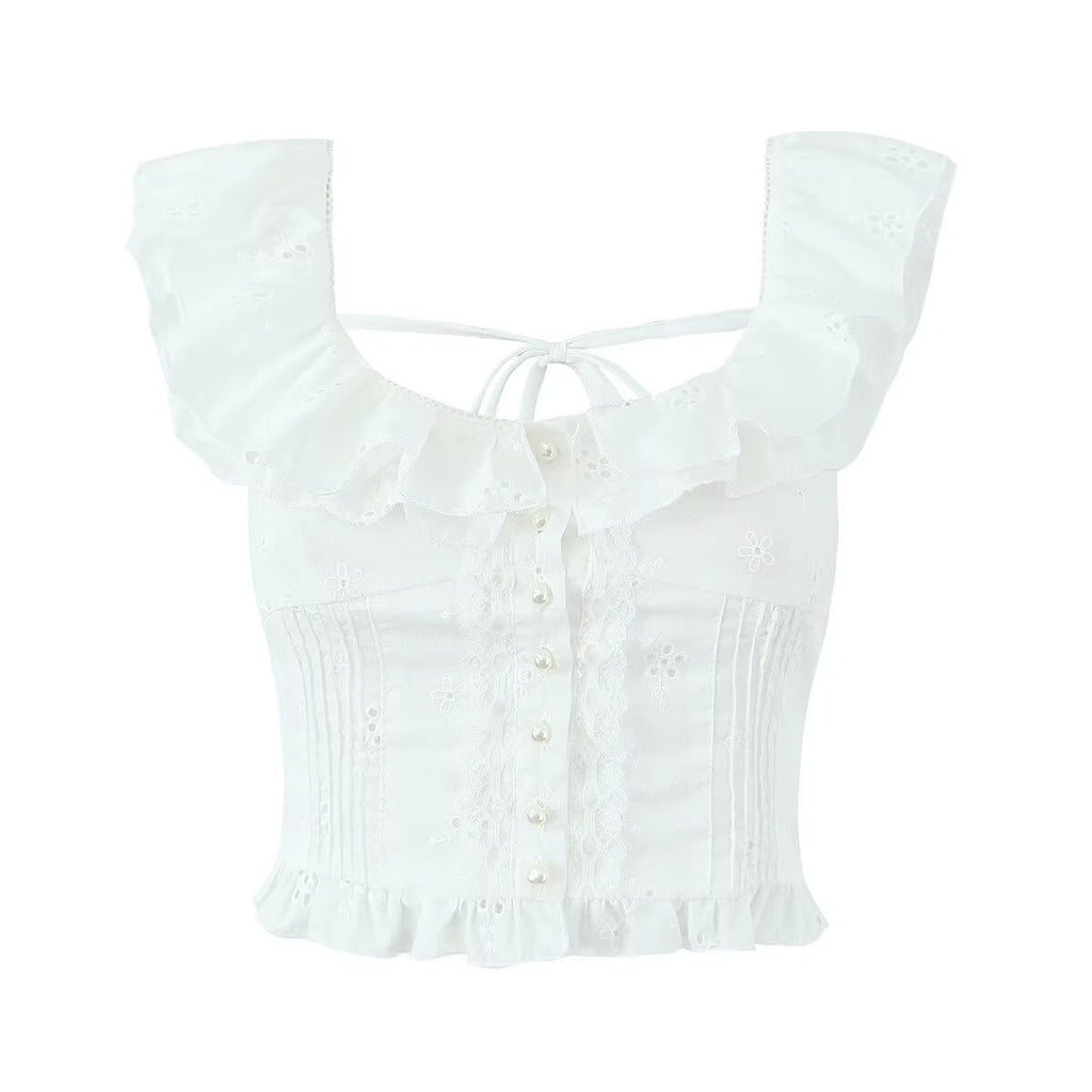 Women's French Sweet Spicy Sexy White U Collar Flying Sleeve Jacquard Short Shirt Women Summer Sexy Sexy Slim Top