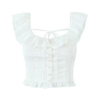 Women's French Sweet Spicy Sexy White U Collar Flying Sleeve Jacquard Short Shirt Women Summer Sexy Sexy Slim Top