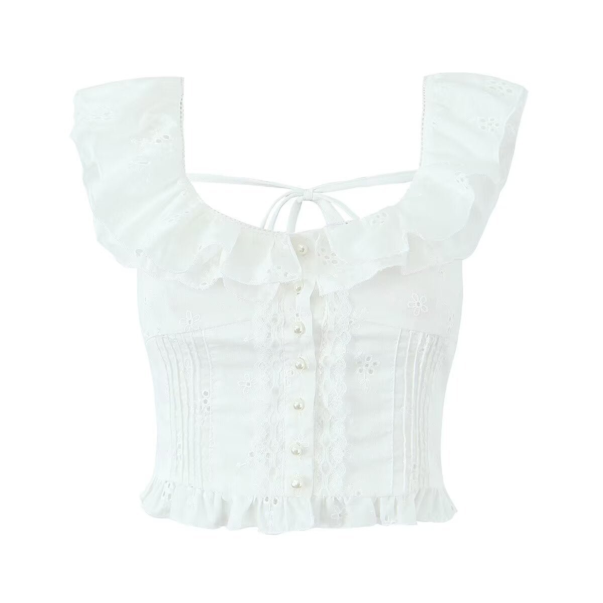 Women's French Sweet Spicy Sexy White U Collar Flying Sleeve Jacquard Short Shirt Women Summer Sexy Sexy Slim Top