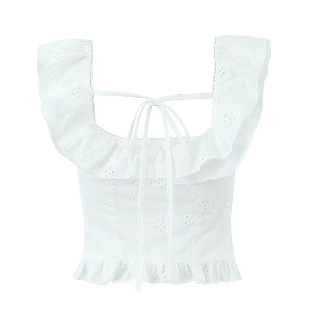 Women's French Sweet Spicy Sexy White U Collar Flying Sleeve Jacquard Short Shirt Women Summer Sexy Sexy Slim Top