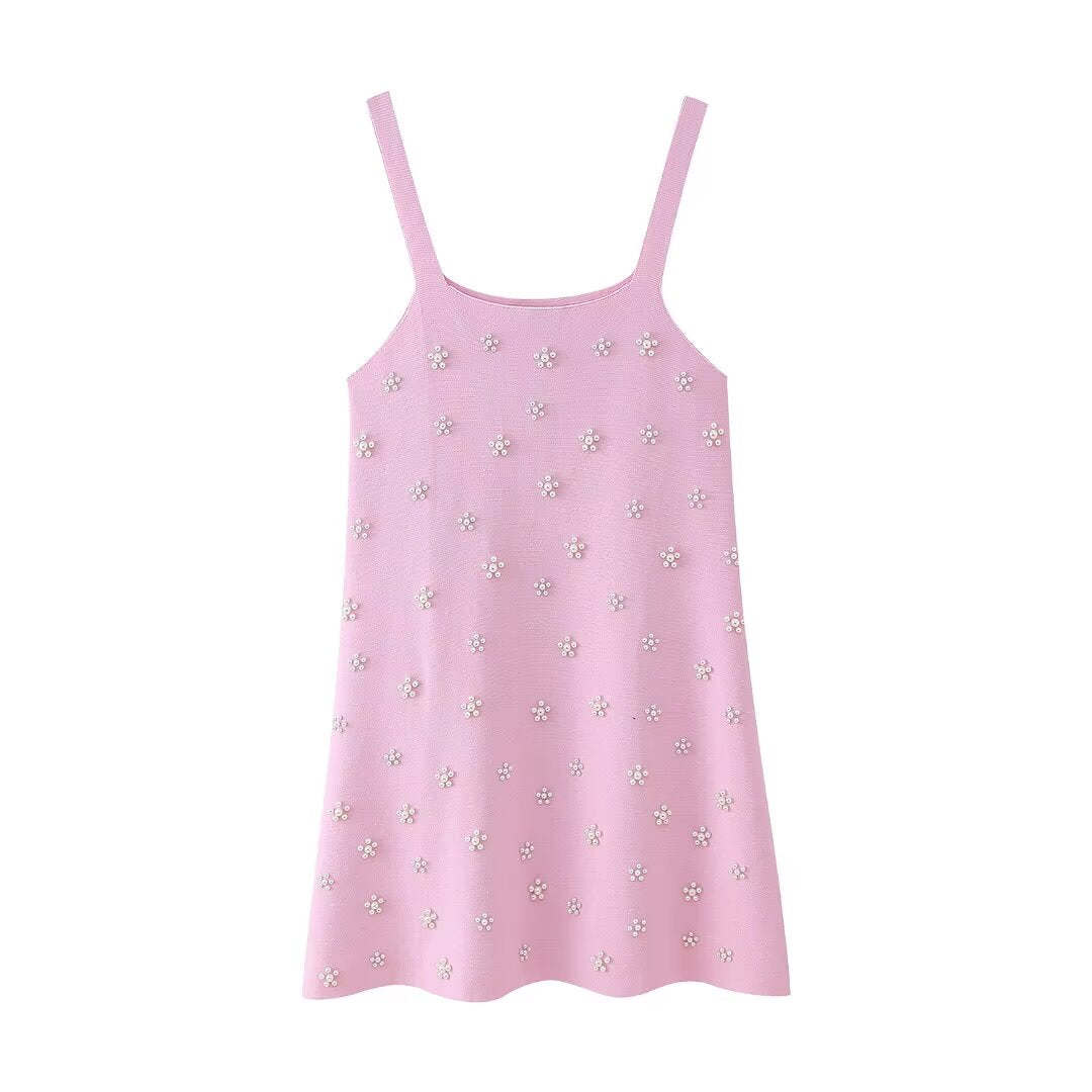 Artificial Decorated Pearls Knitted Mini Slip Dress