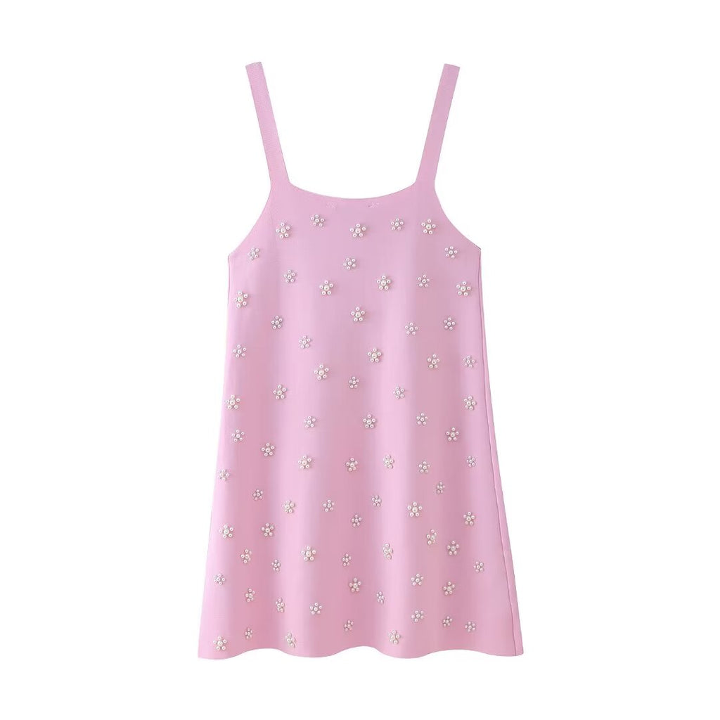 Artificial Decorated Pearls Knitted Mini Slip Dress