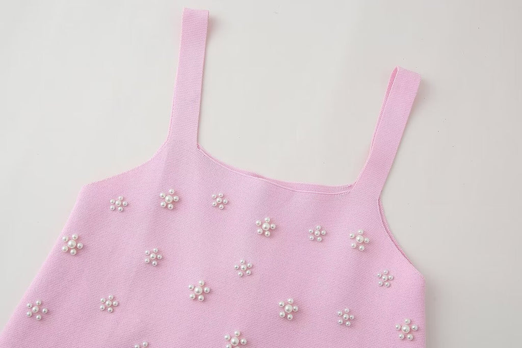 Artificial Decorated Pearls Knitted Mini Slip Dress