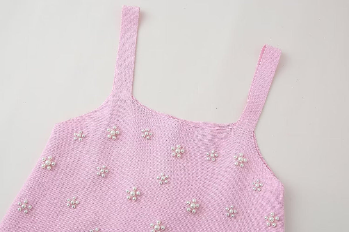 Artificial Decorated Pearls Knitted Mini Slip Dress