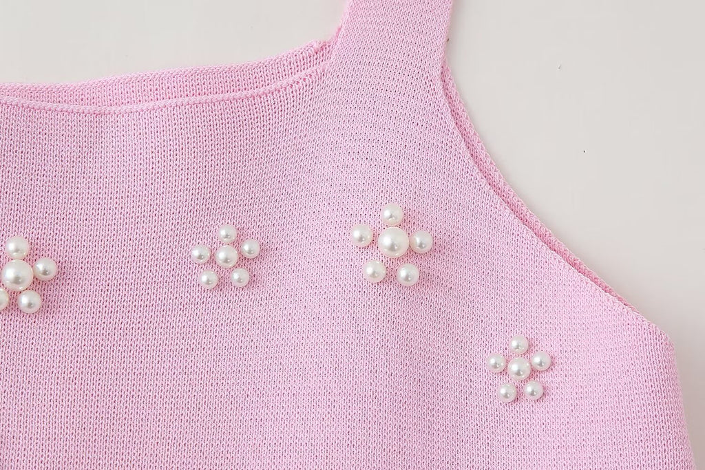 Artificial Decorated Pearls Knitted Mini Slip Dress
