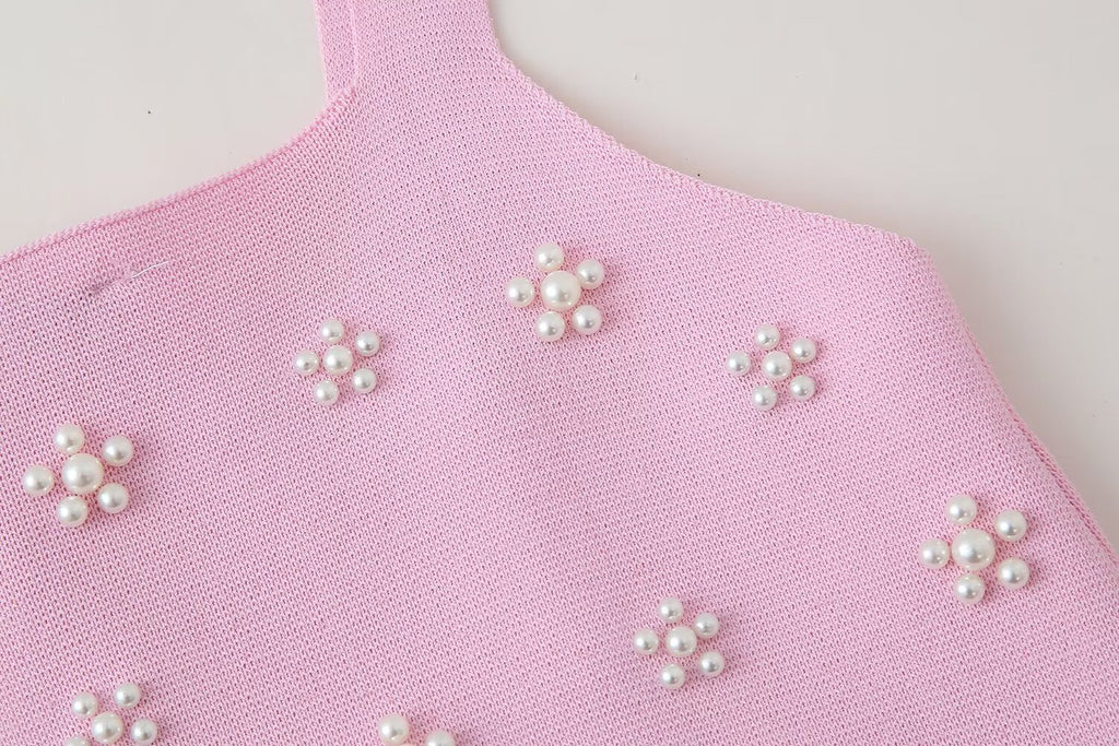 Artificial Decorated Pearls Knitted Mini Slip Dress