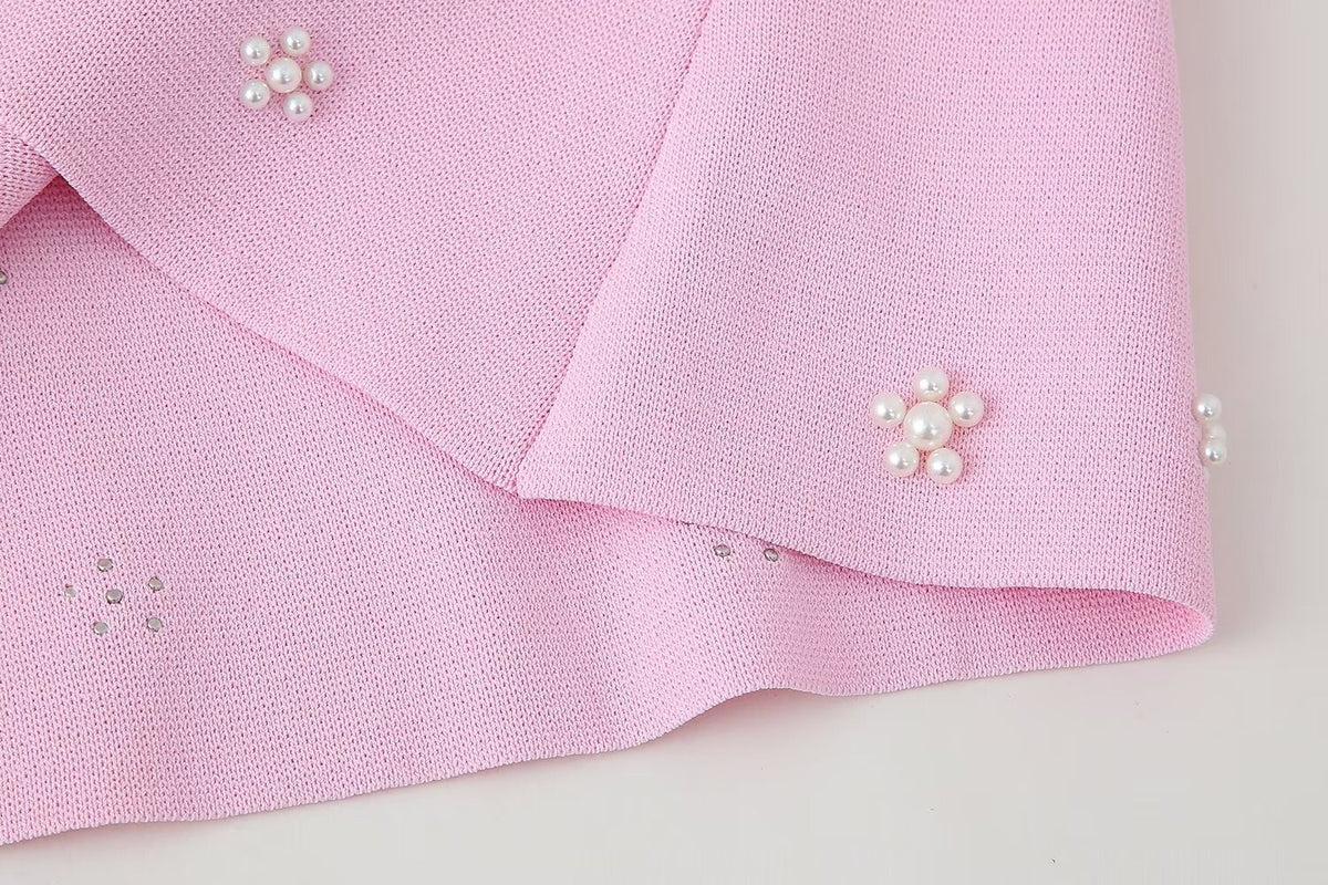 Artificial Decorated Pearls Knitted Mini Slip Dress