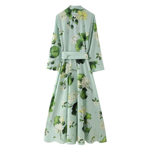 Women Floral Print Tied Shirt Long Sleeve Dress