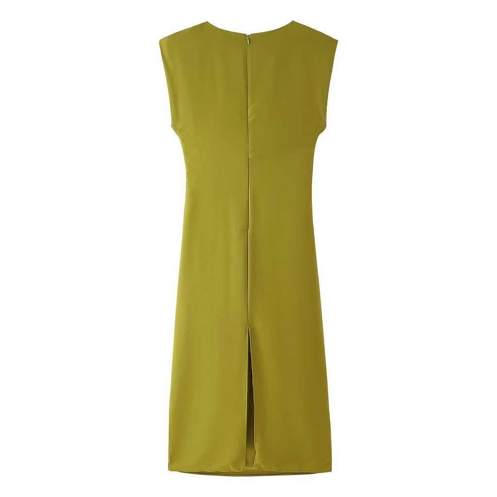 Gold-Trim Pleated Split Midi Dress