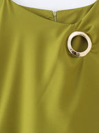 Gold-Trim Pleated Split Midi Dress