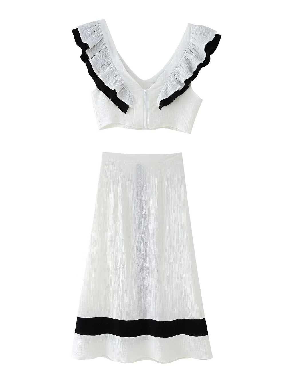 Spring Elegant V-Neck Sleeveless Ruffled Color Contrasting Stripe Vest Skirt Set