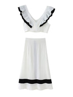 Spring Elegant V-Neck Sleeveless Ruffled Color Contrasting Stripe Vest Skirt Set