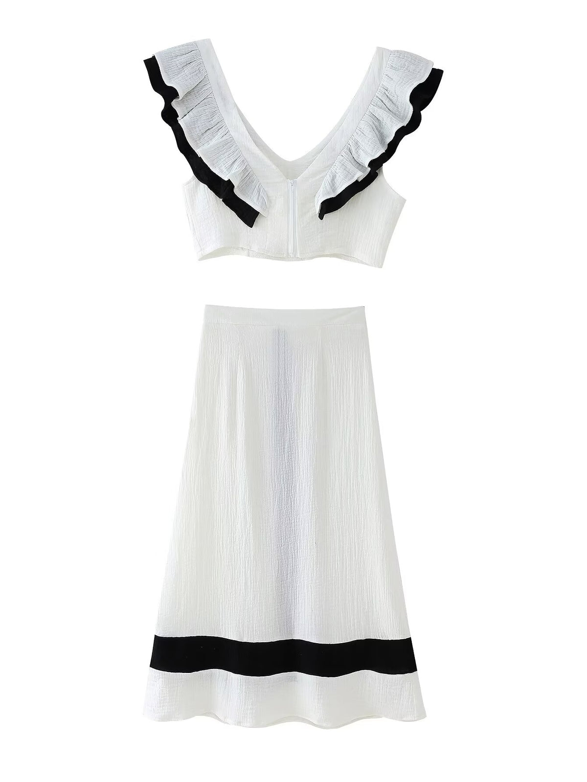 Spring Elegant V-Neck Sleeveless Ruffled Color Contrasting Stripe Vest Skirt Set