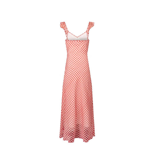Retro Plaid Ruffled Tied Dress Summer Tight Waist Slim Mid Length Holiday Suspender for Women