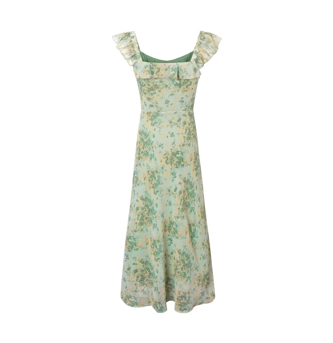 Women's Sweet Lotus Leaf Elegant Slim French Gentle Printing Sleeveless Dress Summer Beach Holiday Tea Break Dress