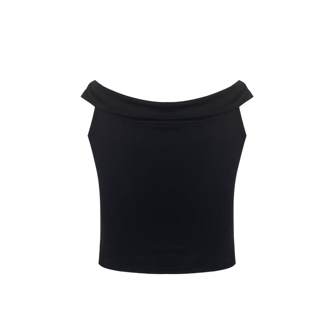 Women’s Black Pleated Cold Shoulder Crop Top