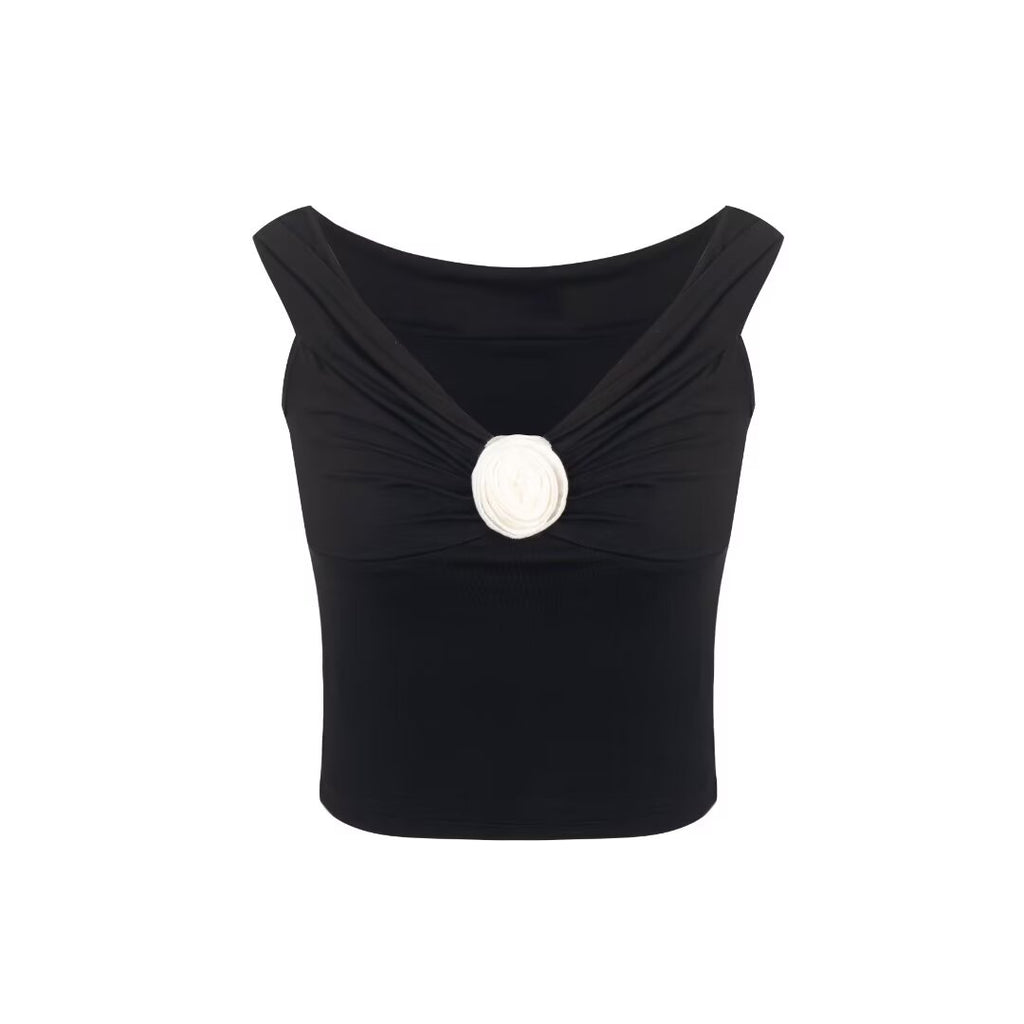 Women’s Black Pleated Cold Shoulder Crop Top