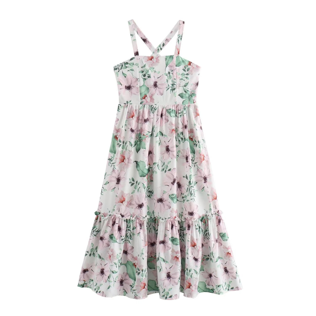 French Casual Vacation Simple Halter Printing Slip Dress