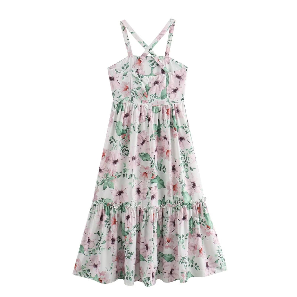 French Casual Vacation Simple Halter Printing Slip Dress