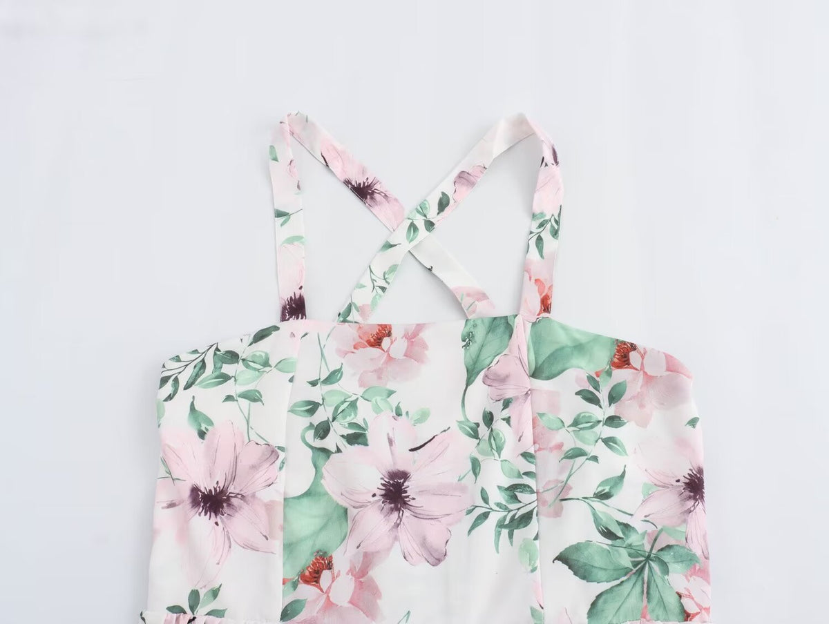 French Casual Vacation Simple Halter Printing Slip Dress