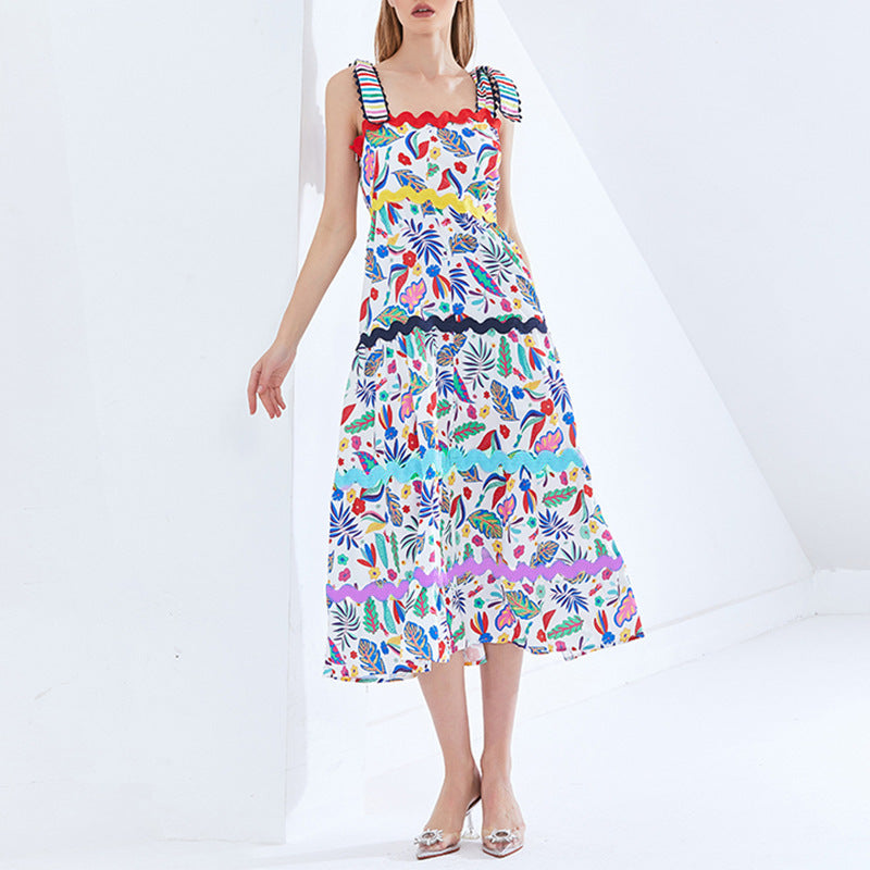 Women's Autumn Winter Printed Strap High Waist Slimming Large Hem Type Long Sexy Women Dress