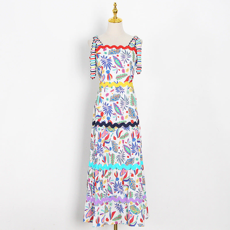 Women's Autumn Winter Printed Strap High Waist Slimming Large Hem Type Long Sexy Women Dress
