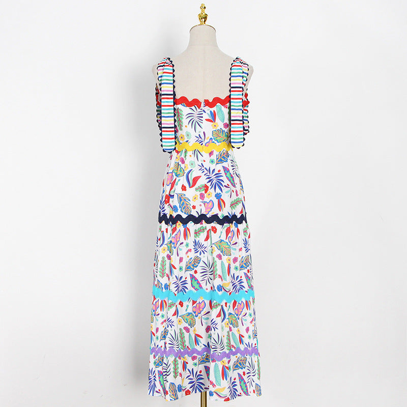 Women's Autumn Winter Printed Strap High Waist Slimming Large Hem Type Long Sexy Women Dress