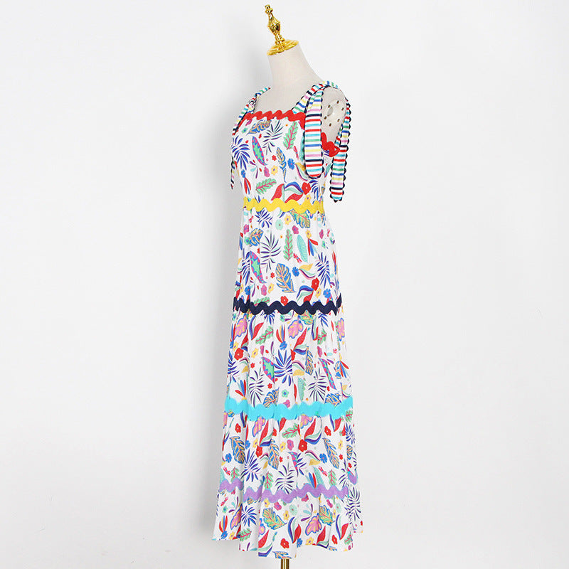 Women's Autumn Winter Printed Strap High Waist Slimming Large Hem Type Long Sexy Women Dress