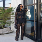 Lace Pattern Collared See Through Suit Set