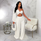 One Shoulder Pleated Casual Solid Color Suit Set