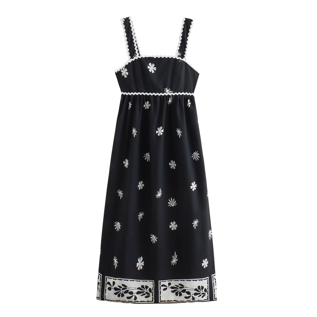 Summer High Waist Print Mid Length Strap Dress
