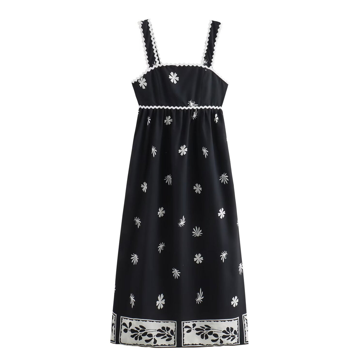 Summer High Waist Print Mid Length Strap Dress