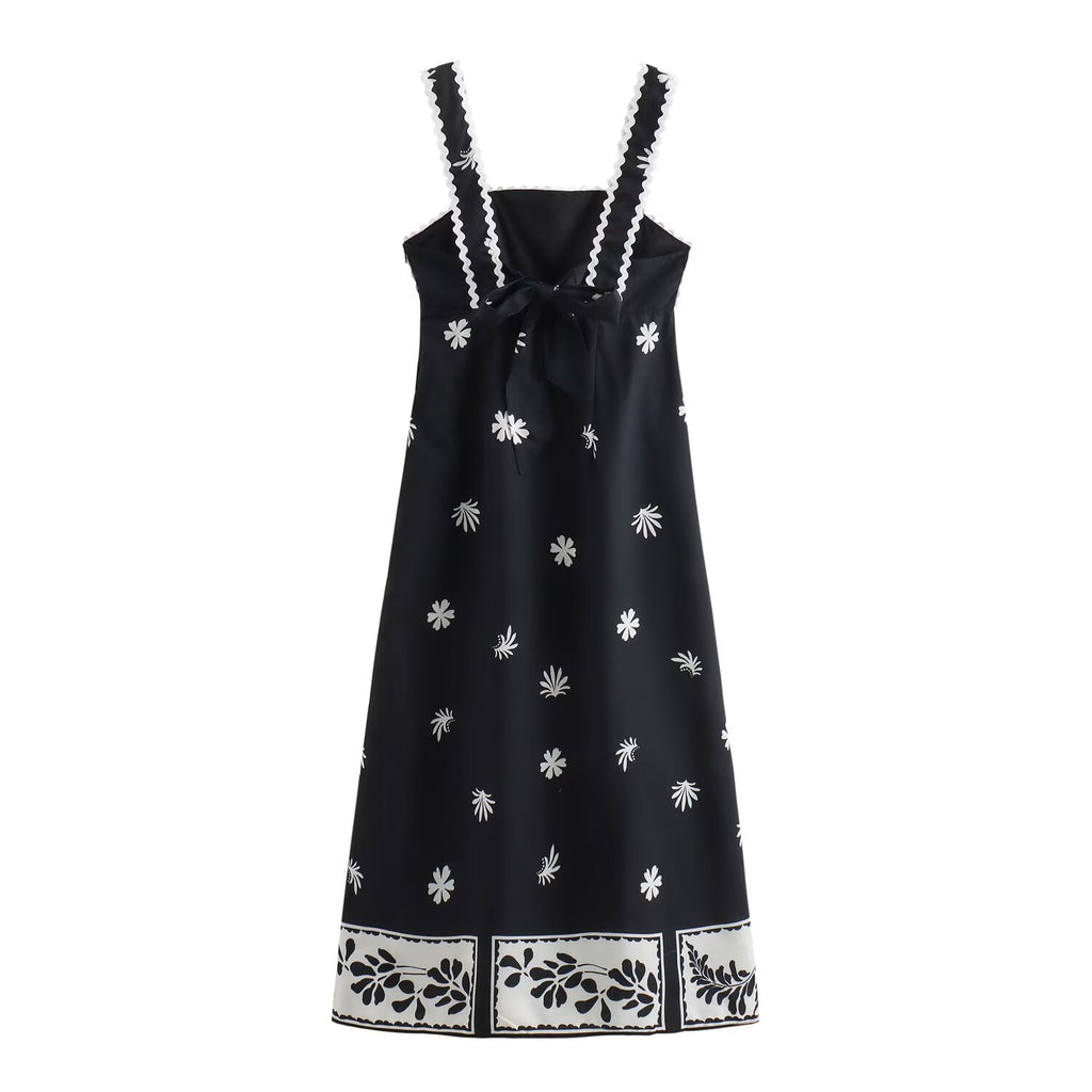 Summer High Waist Print Mid Length Strap Dress