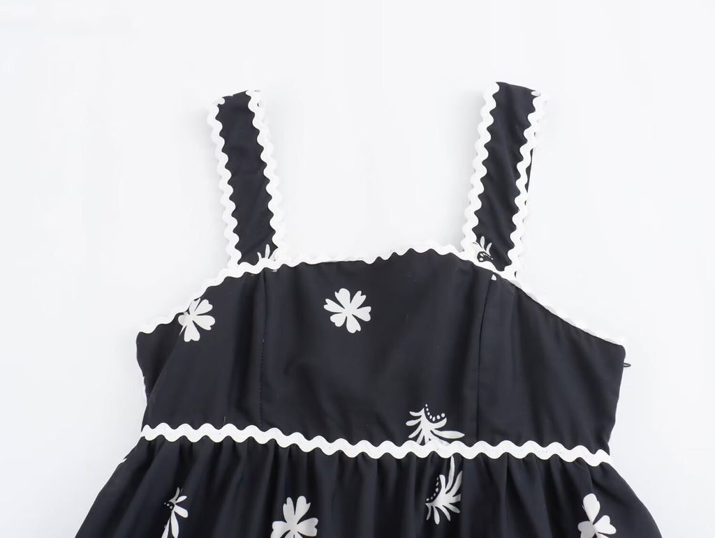 Summer High Waist Print Mid Length Strap Dress