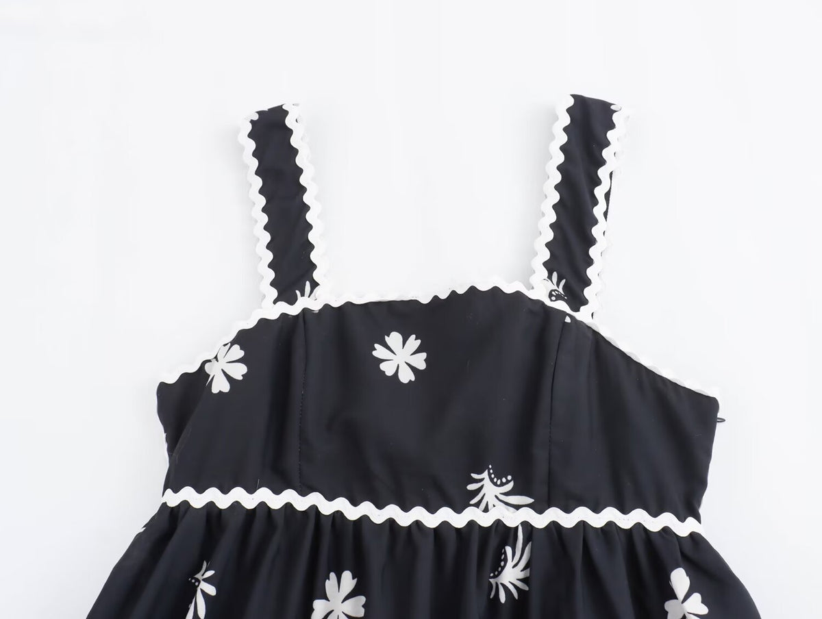 Summer High Waist Print Mid Length Strap Dress