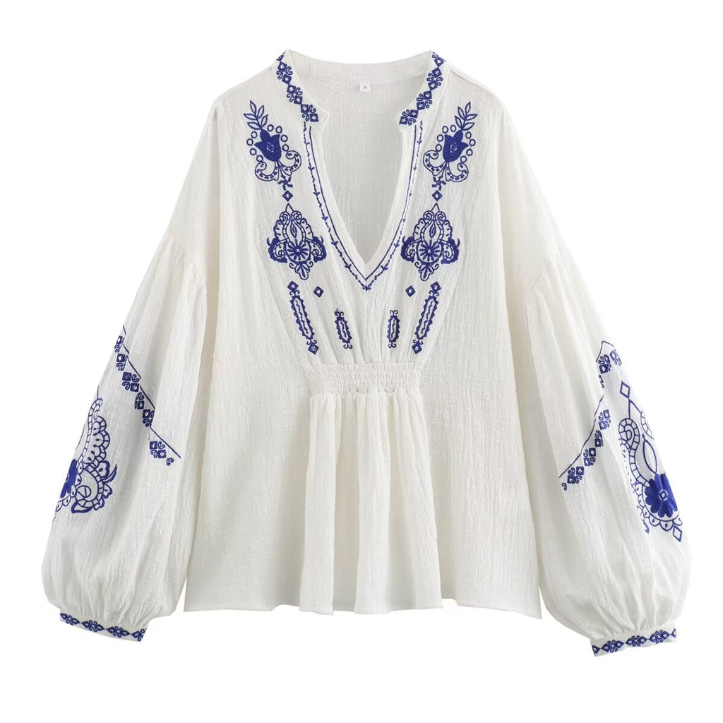 Women's Cotton Fabric Beaded Embroidered V Neck Long Sleeve Shirt Top