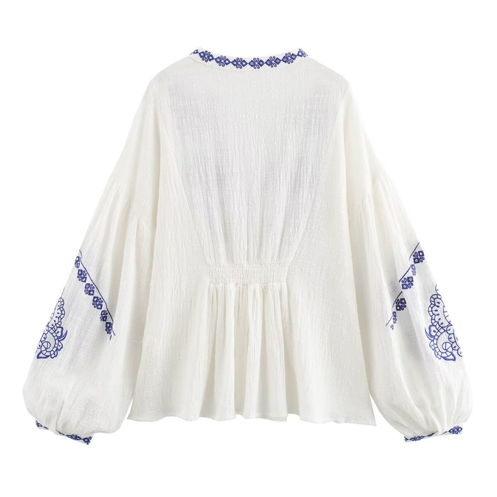 Women's Cotton Fabric Beaded Embroidered V Neck Long Sleeve Shirt Top
