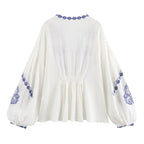 Women's Cotton Fabric Beaded Embroidered V Neck Long Sleeve Shirt Top
